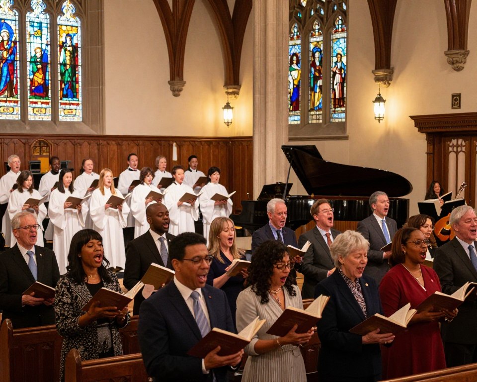 A vibrant scene inside the Indianapolis Presbyterian Church during a worship service focused on music and arts. In the foreground, a diverse group of worshippers, dressed in professional business attire, joyfully singing along, some holding hymnals with visible expressions of devotion. The middle ground features a choir in elegant robes, harmonizing beautifully, accompanied by musicians on a grand piano and acoustic guitar, surrounded by colorful stained glass windows casting warm light. The background reveals the church's intricate architecture, highlighting wooden beams and soft glowing lanterns. The atmosphere is uplifting and serene, evoking a sense of community and celebration of faith through art and music. Use soft, warm lighting to enhance warmth and inspire a welcoming mood. Capture the scene from a slightly elevated angle to encompass both the congregation and the performers.