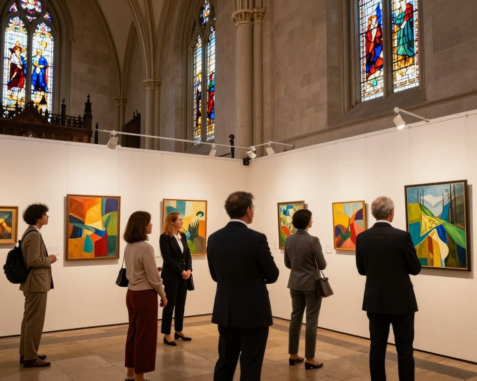 A vibrant scene inside the historic Fifth Avenue Presbyterian Church, showcasing an art exhibition. In the foreground, a diverse group of elegantly dressed attendees, clad in professional business attire and modest casual clothing, engage with vivid artworks displayed on easels and wall mounts. In the middle, abstract and nature-inspired paintings fill the walls, illuminated by warm, soft lighting that enhances the colors and textures. The magnificent Gothic architecture of the church, with its high ceilings, stained glass windows casting colorful light patterns, is visible in the background. The atmosphere is welcoming and creative, encouraging appreciation for the arts within a sacred space. The angle captures the depth of the church and the beauty of its artistry, conveying a sense of community and inspiration.