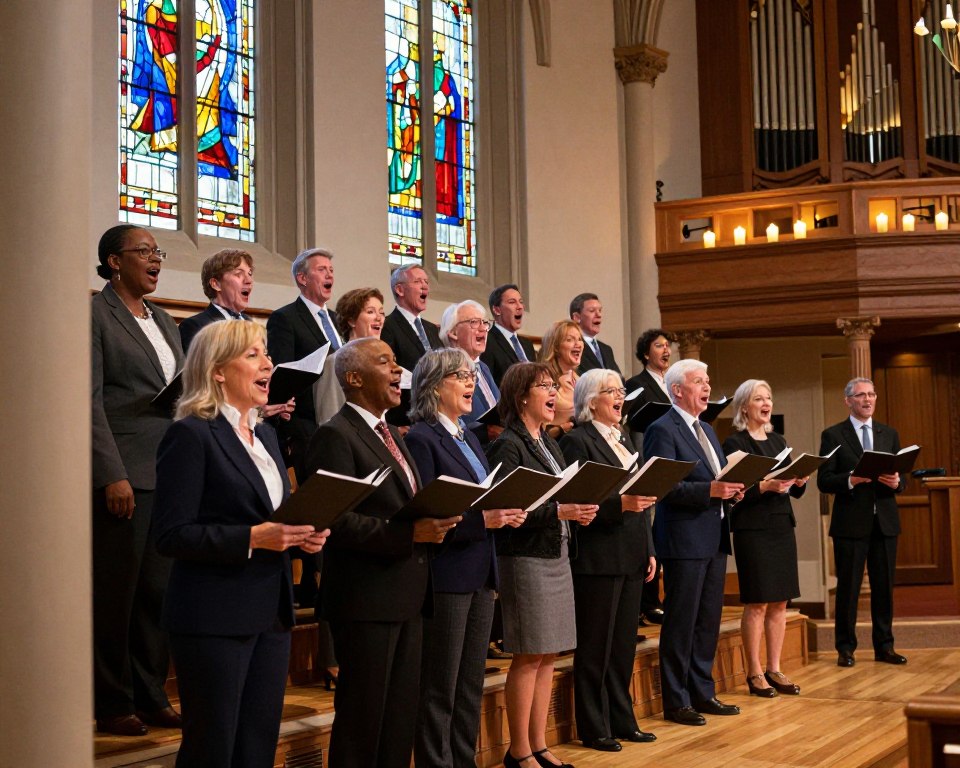 A vibrant scene of a Minneapolis church choir performing in a beautifully adorned sanctuary, capturing a diverse group of singers dressed in professional business attire, singing joyfully. In the foreground, focus on the choir members with expressions of passion and devotion, some holding sheet music. The middle ground features elegant stained glass windows casting colorful light patterns on the wooden pews and polished floor. In the background, a grand organ can be seen, surrounded by soft candlelight, enhancing the warm, inviting atmosphere. The lighting is soft and warm, emphasizing the warmth of the congregation and the uplifting spirit of worship. The composition is framed with a slightly tilted angle, evoking intimacy and engagement with the uplifting scene.
