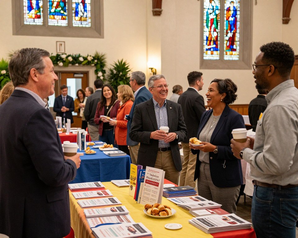 A vibrant scene of a community gathering at the Presbyterian Church in Westfield, NJ, showcasing congregation activities. In the foreground, a diverse group of people, dressed in professional business attire and modest casual clothing, engage in friendly conversation and laughter, holding cups of coffee and pastries. In the middle ground, tables adorned with colorful tablecloths display pamphlets and community newsletters. Soft, warm lighting creates an inviting atmosphere, highlighting the joy of connection. The background features the church's beautiful stained glass windows, casting colorful patterns on the scene, and a welcoming entrance lined with greenery. The angle captures the essence of community spirit, evoking feelings of warmth, inclusivity, and fellowship.