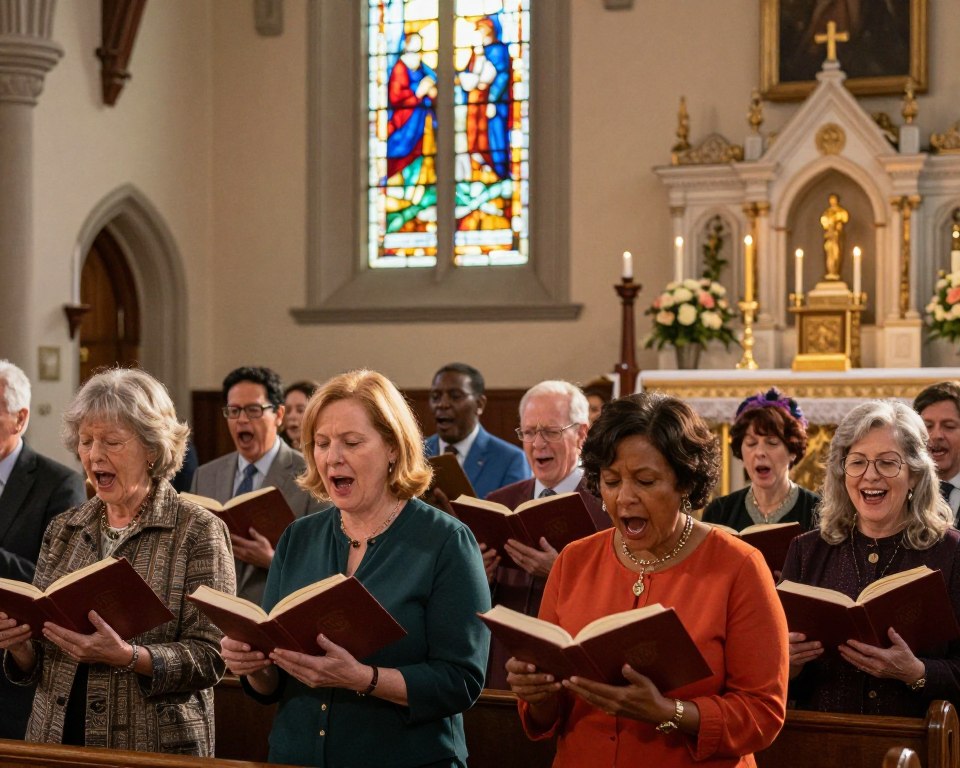 A vibrant scene of a diverse congregation engaged in worship at a United Methodist church, set in the foreground. Worshippers of various ages and ethnicities are singing joyfully, holding hymnals. In the middle ground, a colorful stained-glass window filters warm sunlight, illuminating the church's interior and creating a spiritual atmosphere. In the background, an ornate altar is adorned with candles and fresh flowers, symbolizing reverence and celebration. The lighting is soft yet radiant, enhancing a sense of joy and unity. The framing captures the emotional resonance of communal worship, highlighting the connection between the congregation and the hymns, without any text or distractions.