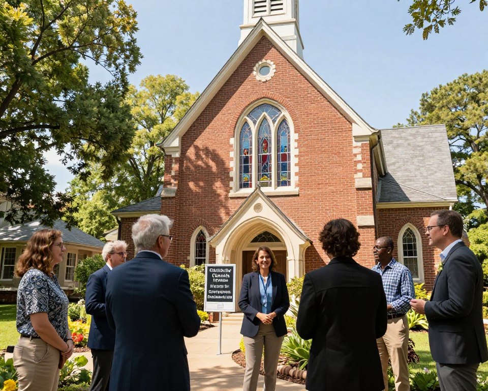 A vibrant scene of a welcoming Presbyterian church, featuring a charming brick exterior with stained glass windows, surrounded by a well-kept garden. In the foreground, a small group of diverse parishioners in professional business attire and modest casual clothing engages in conversation, showcasing a sense of community. In the middle, a clear sign displaying the church hours today is mounted near the entrance, emphasizing the spirit of involvement. The background reveals towering trees and a bright blue sky, with soft, warm sunlight filtering through the foliage, creating an inviting atmosphere. The angle is slightly elevated, capturing both the church and the engaged individuals, evoking a feeling of warmth, inclusivity, and connection.