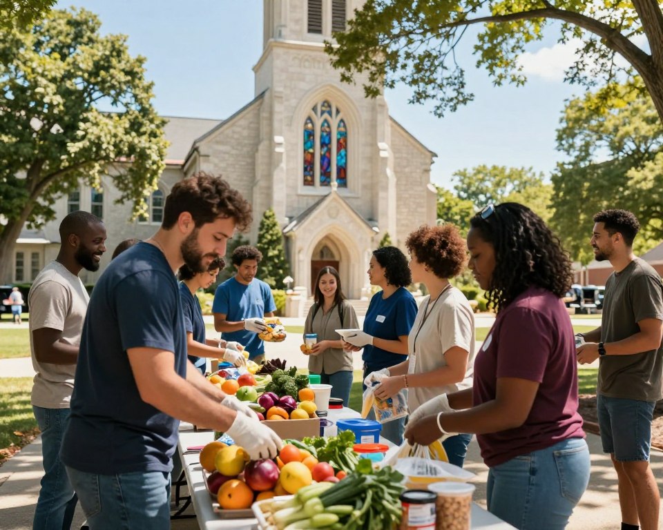 A vibrant scene of an inclusive church community service in Indianapolis, featuring a diverse group of individuals engaged in various outreach activities. In the foreground, a group of men and women in modest casual clothing work together, sorting food donations at a long table laden with colorful fruits, vegetables, and non-perishables. The middle ground showcases volunteers talking and smiling, with one person handing out care packages to families in need. The background features a charming church building with stained glass windows, under a clear blue sky. Warm, inviting sunlight filters through the trees, casting dappled shadows on the ground, creating a friendly and uplifting atmosphere. The image conveys the spirit of community involvement, compassion, and inclusivity.