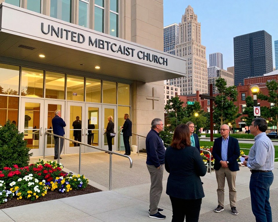 A vibrant scene of the United Methodist Church in Chicago, showcasing its welcoming exterior with large glass doors and an accessible ramp. In the foreground, diverse individuals in professional and modest casual attire engage in conversation, reflecting a sense of community and inclusivity. The middle of the image features the church's inviting entrance, adorned with well-maintained landscaping, colorful flower beds, and a prominent cross symbolizing faith. The background captures the skyline of Chicago, blending modern and traditional architecture under a clear blue sky. Soft, warm lighting enhances the friendly atmosphere, emphasizing openness and acceptance, while a slight depth of field creates focus on the subjects, fostering a sense of connection and belonging.