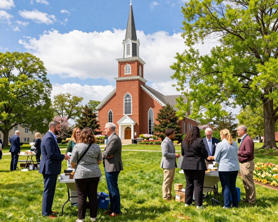 A vibrant scene showcasing a Presbyterian church community service event in a lush, green park. In the foreground, diverse individuals in professional business attire and modest casual clothing are engaged in friendly conversation while setting up tables with food and supplies. In the middle ground, a charming red brick church with a tall steeple is visible, surrounded by blooming flowers and trees, emphasizing the community’s warmth. The background captures a clear blue sky with soft, fluffy clouds, creating a welcoming atmosphere. The lighting is bright and sunny, casting gentle shadows, evoking a sense of joy and togetherness. The composition is slightly angled to provide depth, highlighting the connections between the community members and their church.