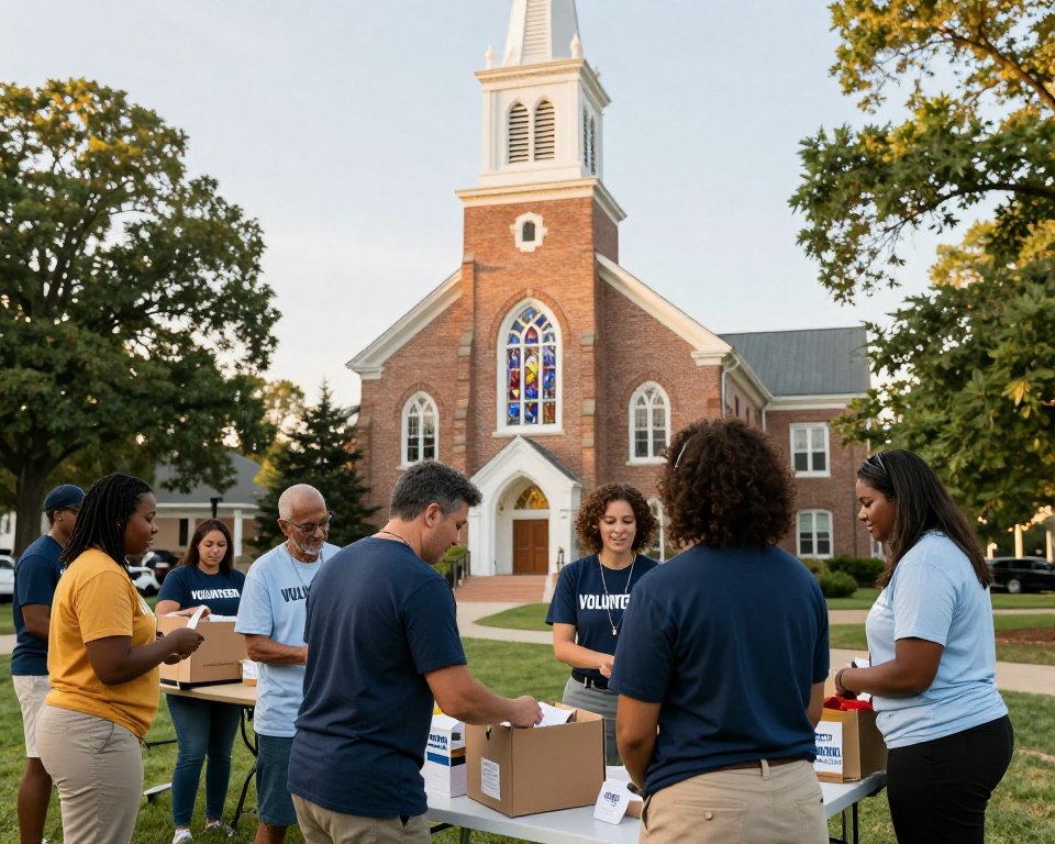 A vibrant scene showcasing a Presbyterian church in Richmond, VA, focused on volunteer opportunities. In the foreground, a diverse group of individuals, dressed in smart casual clothing, are engaged in various activities, such as sorting donations and interacting warmly with each other. The middle ground features the church's impressive architecture, characterized by a classic steeple and stained glass windows, symbolizing community spirit. In the background, the lush greenery of a park-like setting enhances the welcoming atmosphere. Soft, warm lighting illuminates the scene, creating a hopeful and inviting vibe. The angle captures a sense of unity and purpose, emphasizing both the beauty of the church and the spirit of volunteerism.