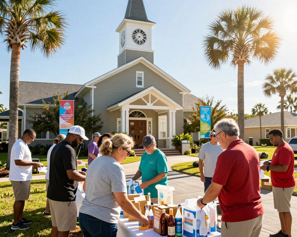 A vibrant scene showcasing community involvement at a typical Presbyterian Church in Myrtle Beach. In the foreground, a diverse group of volunteers of different ages, dressed in modest casual attire, are engaged in an outdoor community event, distributing food and supplies. In the middle ground, the church building features classic architecture, with a welcoming entrance and lush landscaping, while banners indicating outreach programs are subtly displayed. The background features palm trees swaying gently in the coastal breeze under a clear blue sky, creating a warm and inviting atmosphere. The lighting is bright and cheerful, capturing the essence of community spirit and togetherness, with a slight lens flare to enhance the uplifting mood.