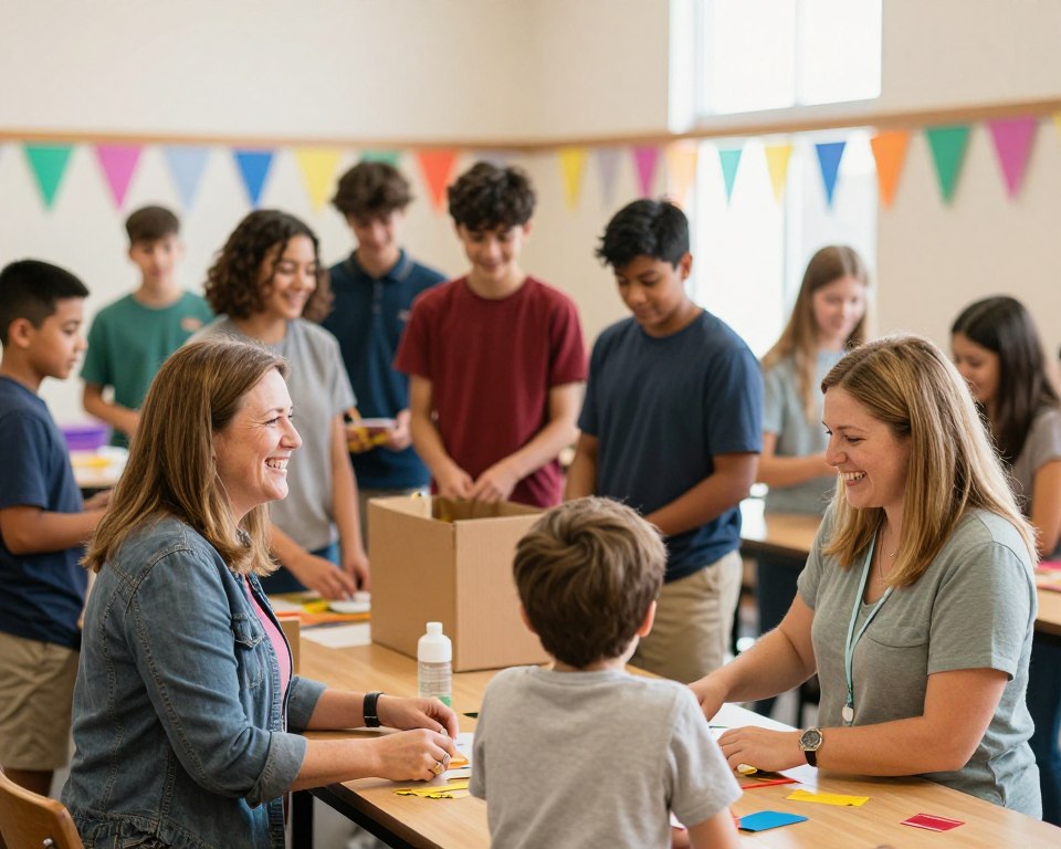 A vibrant, welcoming Presbyterian church environment showcasing a diverse group of families and youth engaged in community programs. In the foreground, a smiling mother and child participate in a fun activity, both dressed in modest, casual clothing. In the middle ground, a group of teenagers share a moment of laughter while setting up a service project, reflecting camaraderie and teamwork. The background features a sunlit church hall with colorful decorations symbolizing family unity, an inviting atmosphere filled with warm, soft lighting. Use a gentle depth of field to create a soft focus on the background while highlighting the joyful interactions in the foreground. The mood is warm, inclusive, and encouraging, embodying the spirit of community and faith.