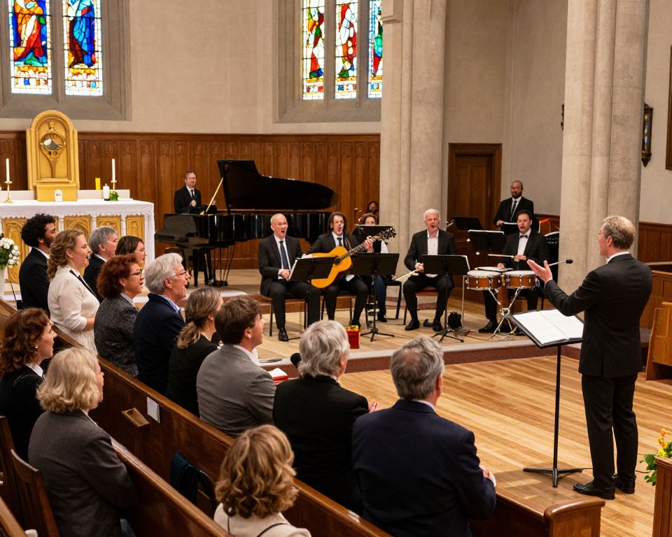 A vibrant worship scene within a spacious church, depicting a diverse congregation engaged in music and arts during a worship service. In the foreground, a choir of individuals in professional business attire sings joyfully, with an enthusiastic conductor guiding them. The middle ground showcases musicians playing various instruments, such as a piano, guitar, and drums, contributing to an uplifting atmosphere. Bright, warm lighting streams through stained glass windows, casting colorful patterns on the wooden pews. In the background, a beautifully decorated altar with candles and floral arrangements adds to the serene ambiance. The overall mood is one of reverence, joy, and community celebration, capturing the essence of music as a central element in worship.