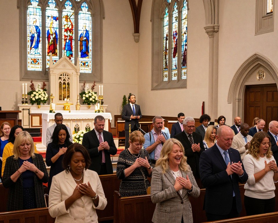 A vibrant worship service at a Presbyterian church in New York City, showcasing a spacious and warmly lit interior filled with congregants. In the foreground, a diverse group of worshippers dressed in professional business attire and modest casual clothing are engaged in prayer and singing, with expressions of joy and reverence. The middle ground features a beautifully adorned altar with flowers and candles, and a minister leading the service passionately. In the background, large stained glass windows filter soft, colorful light into the space, enhancing the atmosphere of spirituality and community. The image captures the essence of a welcoming and lively worship environment, filled with hope and connection. Shot with a wide angle lens to encompass the full scene, highlighting the architectural details and engaged congregation.