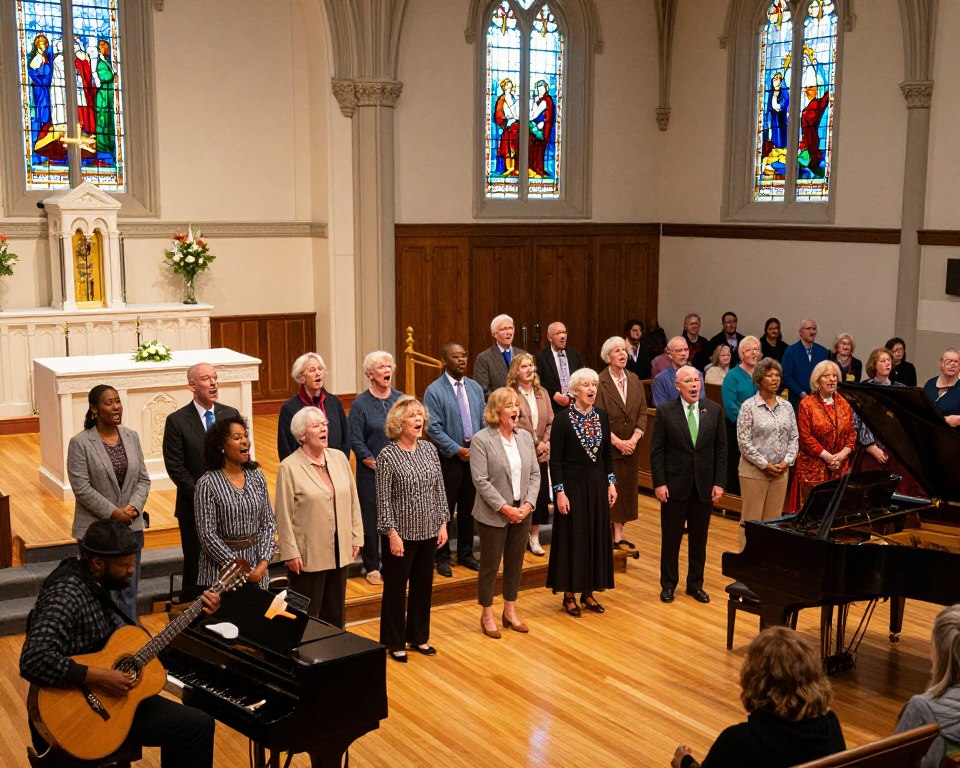 A vibrant worship service inside a Presbyterian church in Greensboro, NC, featuring a diverse congregation. In the foreground, a small choir in professional attire passionately sings, accompanied by musicians playing guitars and a grand piano. Bright stained glass windows cast colorful patterns on the wooden floor, enhancing the uplifting atmosphere. In the middle ground, church members of various ages are engaged in worship, their faces reflecting joy and serenity. In the background, the church's altar is adorned with simple floral arrangements under soft, warm lighting that highlights the intimate setting. The image captures a sense of community and reverence, evoking a spirit of fellowship and artistic expression within the worship experience. The angle is slightly elevated, giving a dynamic view of the entire scene.