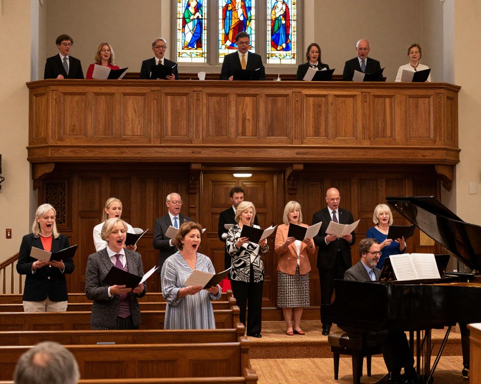 A vibrant worship service scene in a Presbyterian church setting, focusing on music and arts. In the foreground, a diverse group of individuals of various ages dressed in modest, professional attire stand together, singing joyfully with sheet music in hand. The middle layer features a beautiful wooden choir loft adorned with colorful stained glass windows, casting a warm glow. A skilled pianist plays an elegant grand piano, contributing to the uplifting atmosphere. In the background, the congregation is seated, engaged in the service, with rows of wooden pews and soft ambient lighting creating a serene and inviting mood. The image captures a sense of community and spiritual connection, with a lens that emphasizes warmth and clarity, ideal for illustrating the significance of music in worship.