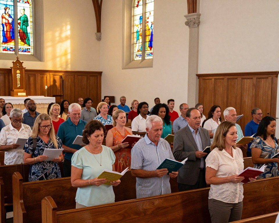 A vibrant worship service scene inside the United Methodist Church in Key West, FL. In the foreground, a choir dressed in modest, professional attire stands joyfully in harmony, with sheets of music and colorful hymnals in hand. The middle ground features a diverse congregation engaged in worship, with a mixture of expressions conveying reverence and joy. In the background, stunning stained glass windows allow warm, multicolored light to stream in, illuminating the wooden pews and altar. The atmosphere is uplifting and serene, filled with the spirit of community and celebration of music and arts in worship. Use a wide-angle lens to capture the full depth of the church’s architecture, ensuring soft, natural lighting enhances the scene’s warmth.