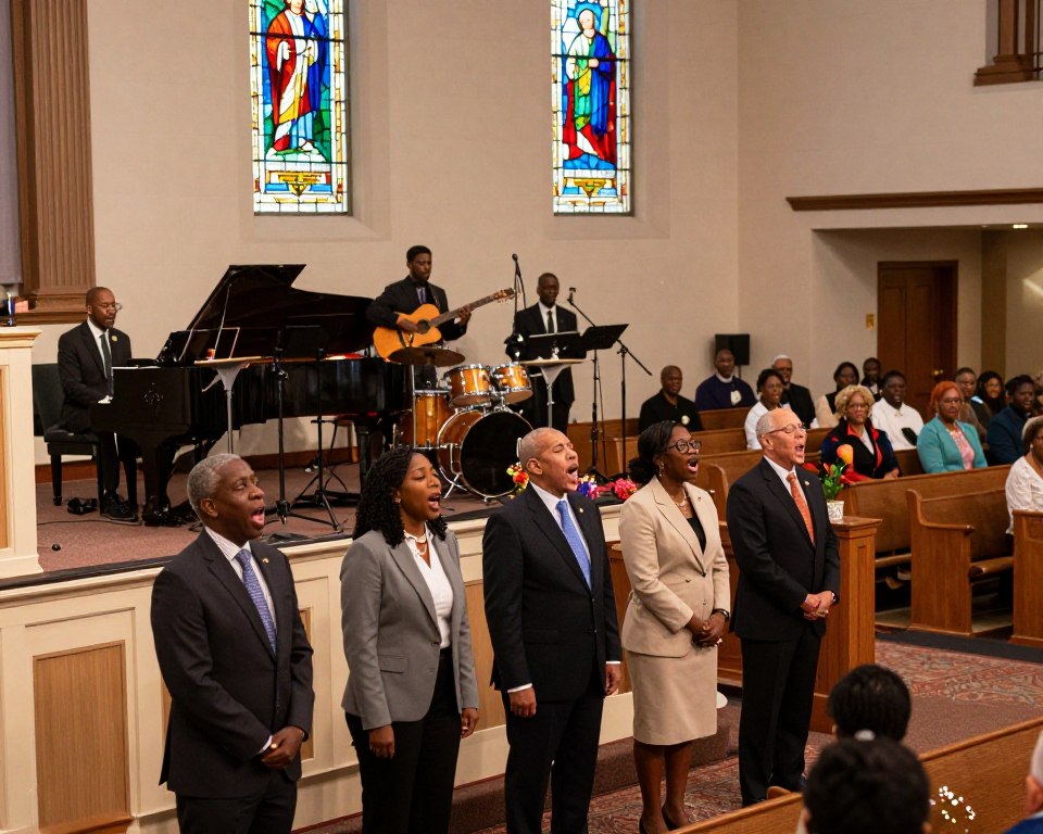 A vibrant worship service taking place inside a United Methodist church in Virginia, featuring a diverse group of congregants in professional business attire and modest casual clothing engaged in music and arts. In the foreground, a choir of four members passionately singing, surrounded by colorful stained glass windows illuminating the scene with soft, warm light. In the middle ground, a live band with a piano, guitar, and drums, creating an uplifting atmosphere as music fills the air. The background shows rows of pews filled with attentive worshippers, with subtle decorations during a worship service. The angle captures a slightly elevated view, showcasing the harmonious blend of spirituality and artistry, evoking a sense of community, joy, and reverence.