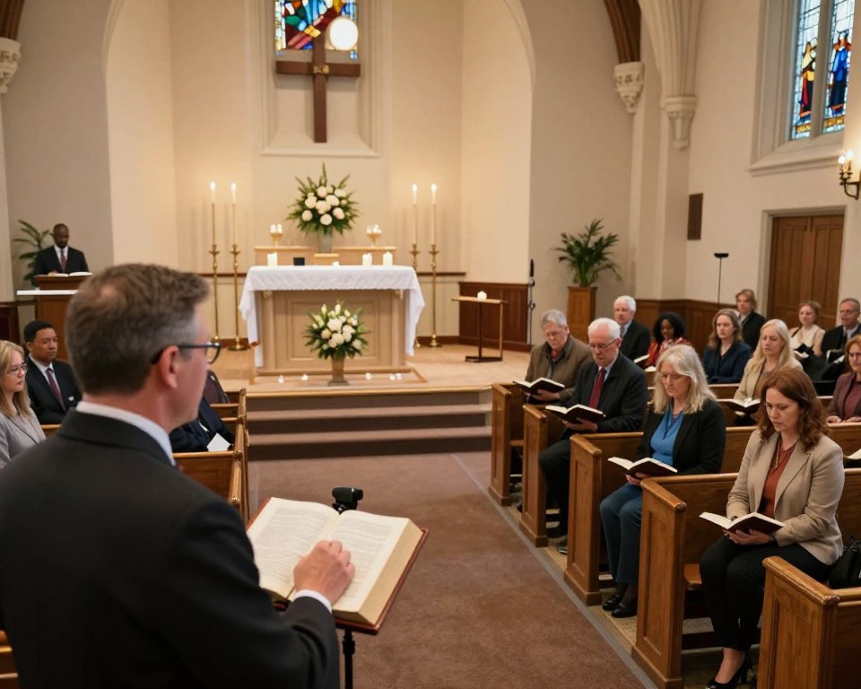 A virtual Presbyterian church service in progress, featuring a diverse group of individuals engaged in worship. In the foreground, a pastor in professional attire is delivering a sermon into a camera, with passionate expression and open Bible beside them. The middle ground showcases a well-organized setup: a simple altar adorned with candles and a floral arrangement, surrounded by a small, attentive congregation holding their own Bibles, some nodding and others praying quietly. In the background, a beautifully lit church interior with soft, warm lighting casts a serene atmosphere. The setting features wooden pews and stained glass windows, hinting at a rich tradition. The overall mood is peaceful and reflective, capturing the essence of community and devotion during a live stream event.
