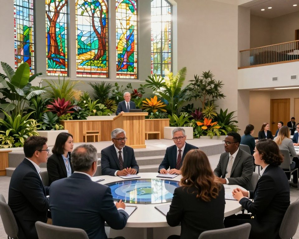 A visionary church interior showcasing the future trends in Presbyterianism, featuring a modern, eco-friendly design with large stained glass windows depicting nature. In the foreground, a diverse group of individuals dressed in professional business attire engages in collaboration around a digital table, symbolizing unity and progressive thought. The middle ground highlights a contemporary pulpit made of sustainable materials, surrounded by lush greenery and vibrant plants, conveying a connection to the environment. In the background, soft sunlight streams in, illuminating the space with a warm and inviting glow, enhancing the uplifting atmosphere. The composition should be wide-angle, capturing the essence of a vibrant community space, promoting inclusivity and innovation in a faith-based context. The overall mood is hopeful and forward-thinking, encapsulating the spirit of adaptation and growth within the Presbyterian faith.