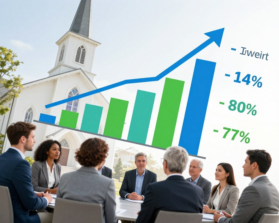 A visually striking infographic illustrating Presbyterian Church in America's membership trends. In the foreground, a diverse group of individuals in professional attire engaged in a thoughtful discussion, symbolizing community and belief. The middle ground showcases a series of upward-trending graphs and charts, highlighting membership growth and statistics, rendered in vibrant colors like blue and green for optimism. In the background, a picturesque view of a traditional Presbyterian church, featuring classic architectural elements such as a steeple and stained glass windows under bright, natural lighting. The overall atmosphere conveys hope and growth, with a balanced composition that uses a slight tilt-angle for a dynamic effect.