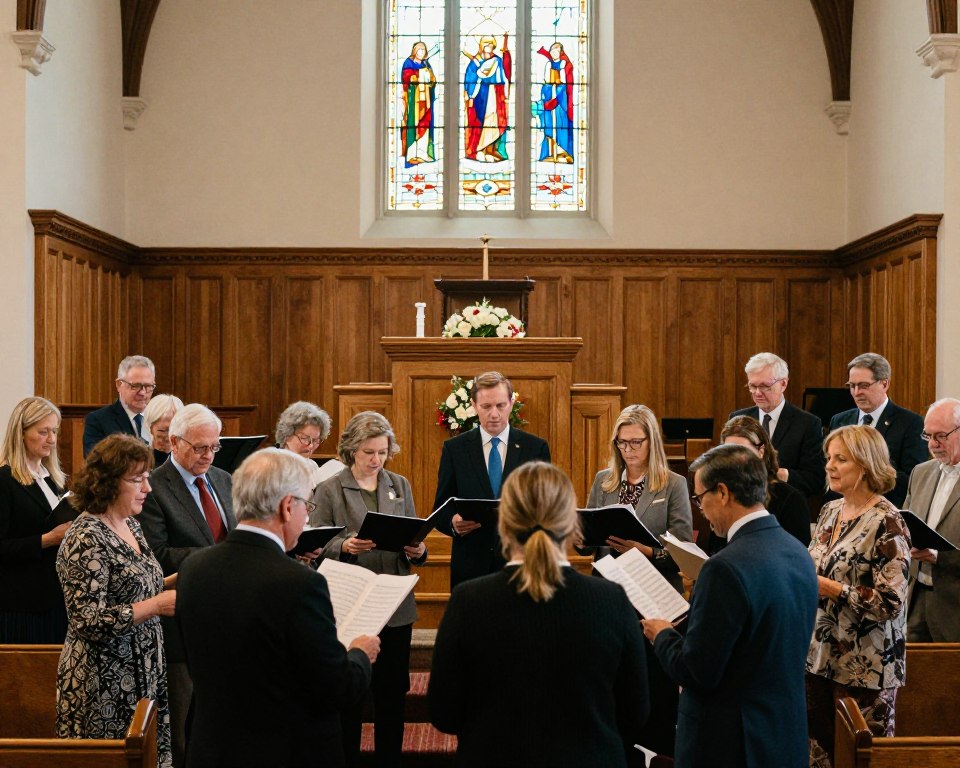 A warm and inviting Presbyterian worship service scene, featuring a diverse group of congregants dressed in professional business attire and modest casual clothing, actively participating in a musical moment. In the foreground, a small choir stands together, with sheet music in hand, harmonizing beautifully. The middle ground showcases a grand wooden pulpit adorned with flowers, while behind it is a grand stained glass window filtering soft morning light into vibrant hues. The background includes wooden pews filled with worshippers, creating a sense of community. Soft rays of light illuminate the atmosphere, enhancing the reverent mood while capturing the essence of music and worship in this spiritual setting. The image should convey a sense of peace, joy, and togetherness within the church environment.