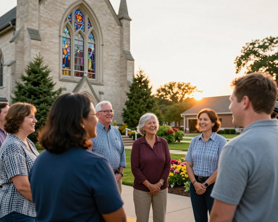 A warm and inviting image of a vibrant church community gathering outside a beautiful Presbyterian church in Tulsa. In the foreground, a group of diverse congregation members, dressed in modest casual clothing, share joyful smiles and engage in friendly conversation. The middle ground features a picturesque church building with stained glass windows, surrounded by lush greenery and colorful flowers, emphasizing a sense of welcome. In the background, the sun sets, casting a golden glow that adds a warm, serene atmosphere to the scene. The lighting is soft and natural, highlighting the faces of the community, showcasing their togetherness and inclusivity. The angle is slightly elevated, capturing the essence of connection among the members, creating a cohesive and uplifting mood.
