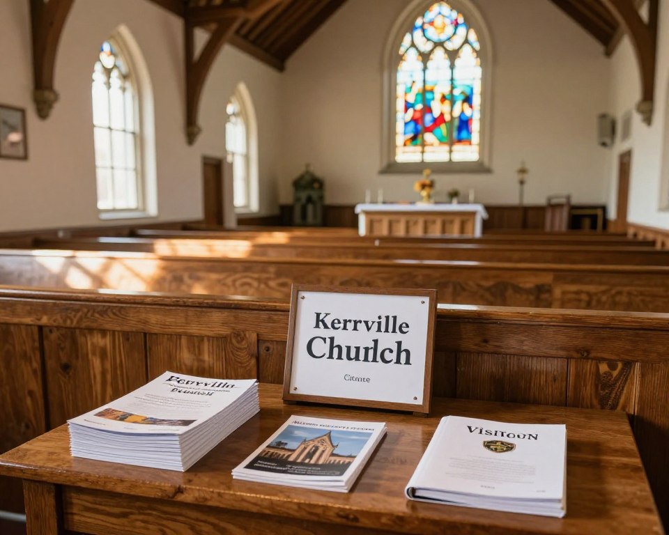 A warm and inviting interior of Kerrville Presbyterian Church, showcasing a beautifully arranged church directory display. In the foreground, a polished wooden table holds a stack of informational brochures, a welcoming sign, and a visitors' book. The middle layer features a serene atmosphere, with soft natural light filtering through stained glass windows, casting colorful patterns on the wooden pews. In the background, the quaint interior of the church highlights wooden beams and a simple yet elegant altar. The overall scene conveys a sense of community and warmth, perfect for newcomers, emphasizing the welcoming spirit of the church. The camera angle is slightly elevated to capture the entire scene, enhancing the inviting mood of the space. No people are present in the image.