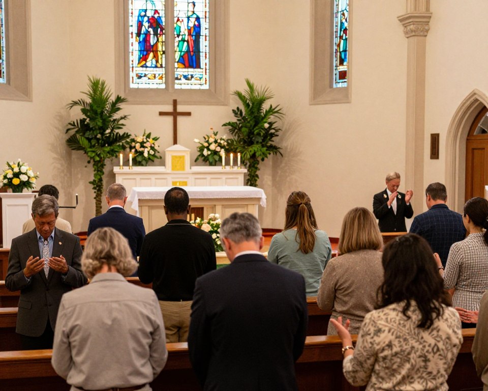 A warm and inviting interior of a Presbyterian Church, showcasing an engaged congregation in worship. In the foreground, a diverse group of worshippers dressed in professional business attire and modest casual clothing participate in a prayerful moment, their faces reflecting reverence and community. In the middle ground, a beautifully adorned altar with a simple wooden cross and lit candles provides a focal point, surrounded by lush greenery and flowers. The background features stained glass windows filtering in soft, colorful light, enhancing the serene atmosphere. The scene is captured from a slightly elevated angle, using soft natural lighting to create a peaceful, uplifting mood that embodies the sense of community and shared faith within the Presbyterian tradition.