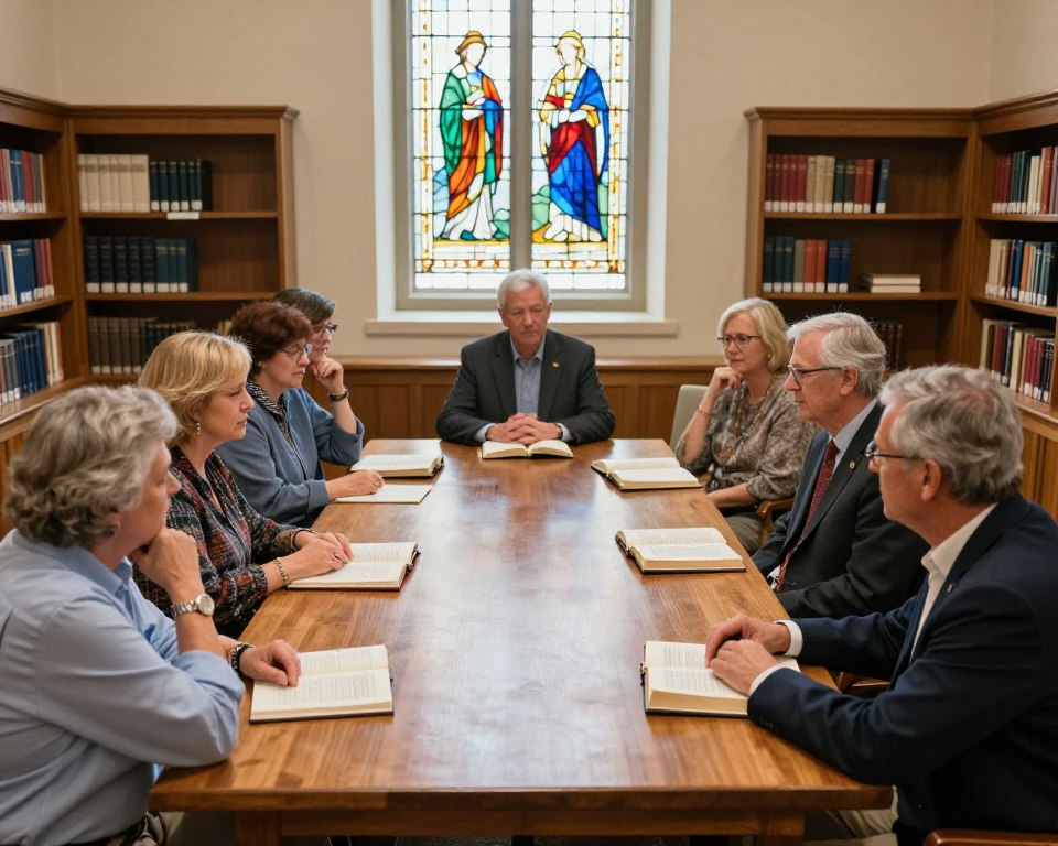 A warm and inviting interior scene of a Roanoke Presbyterian Church Bible study group in a well-lit room. In the foreground, a diverse group of adults, both men and women, are seated around a large wooden table, engaged in discussion with open Bibles and notebooks in front of them. They are dressed in professional business attire and modest casual clothing, creating an atmosphere of respect and thoughtfulness. In the middle background, a large stained-glass window filters soft, colorful light into the room. Bookshelves line the walls, filled with religious texts and study materials. The mood is focused and serene, highlighting a sense of community and spiritual growth. The image should be captured from a slightly elevated angle to reveal both the participants and the beautiful architectural details of the church interior.