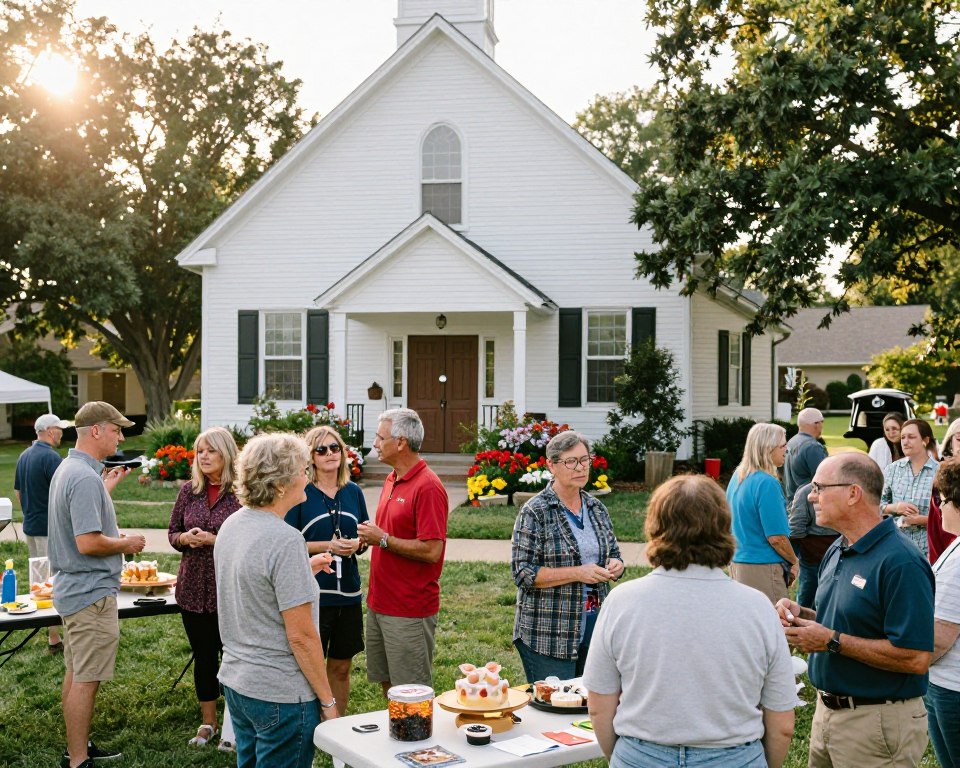 A warm and inviting scene at Toms River Presbyterian Church during a community event. In the foreground, diverse groups of individuals in modest casual clothing engage in friendly conversations and activities, showcasing a sense of togetherness. In the middle ground, the church building is beautifully depicted with its classic architecture, surrounded by vibrant greenery and colorful flowers. Tables are set up with homemade treats and crafts, reflecting a cheerful atmosphere. In the background, soft sunlight filters through the trees, casting a gentle glow over the scene. The overall mood is one of community, warmth, and inclusivity, capturing the essence of Toms River Presbyterian Church’s significant role in bringing people together. The image should have a slightly elevated angle, emphasizing both the church and the lively interactions of the attendees.