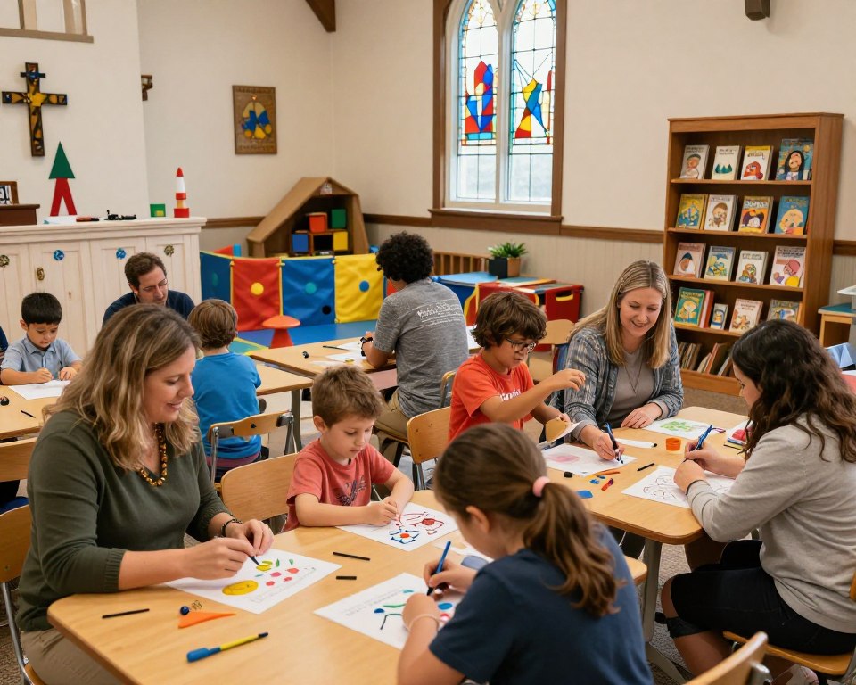 A warm and inviting scene depicting a Presbyterian church's family and children's ministries. In the foreground, a diverse group of families, including parents and children of various ages, engaged in interactive activities such as arts and crafts or storytelling, all dressed in modest casual clothing. The middle ground features a welcoming church interior, adorned with colorful decorations symbolizing family values and community, soft natural lighting filtering through stained glass windows. In the background, a cozy space with a play area and bookshelves filled with children's books. The atmosphere is cheerful, nurturing, and inclusive, capturing the essence of community and support within the church. The image is framed using a slightly elevated angle to encompass both the interactions and the inviting environment, exuding warmth and connection.