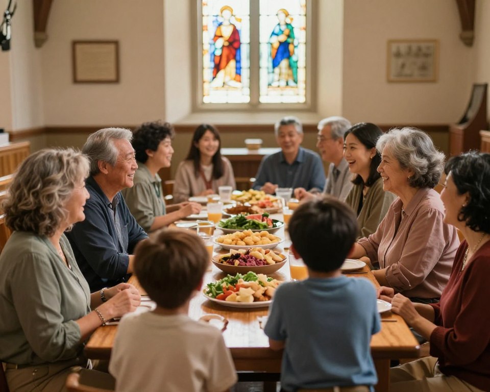 A warm and inviting scene depicting a Presbyterian community fellowship gathering in a beautifully lit church hall. In the foreground, a diverse group of adults and children interact joyfully, dressed in modest casual clothing, sharing conversations and refreshments. The middle ground features a long wooden table adorned with homemade dishes, bringing a sense of togetherness and warmth. Background elements include stained glass windows filtering soft sunlight, enhancing the welcoming atmosphere. The image conveys a peaceful, familial vibe, with people engaged in laughter and connection, symbolizing the strong sense of community. Soft focus on the edges and warm tones create an inviting and serene mood typical of a church fellowship.