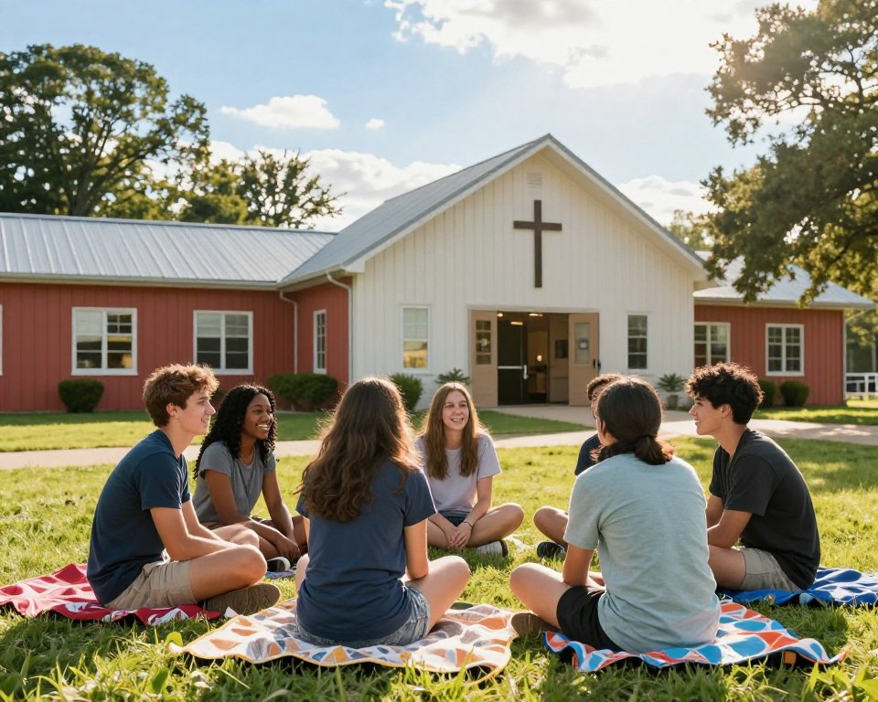 A warm and inviting scene depicting a Presbyterian evangelical youth ministry gathering. In the foreground, a diverse group of five young people, dressed in modest casual clothing, are engaged in a lively discussion while sitting in a circle on a grassy lawn, surrounded by colorful picnic blankets. In the middle ground, a vibrant community church building can be seen, with its welcoming doors open and a large cross displayed prominently. In the background, tall trees and a bright blue sky add to the atmosphere of hope and connection. The lighting is soft and natural, suggesting a late afternoon sun, with a slight lens flare for warmth. The mood is joyful and uplifting, conveying a sense of community and shared faith among the youth.