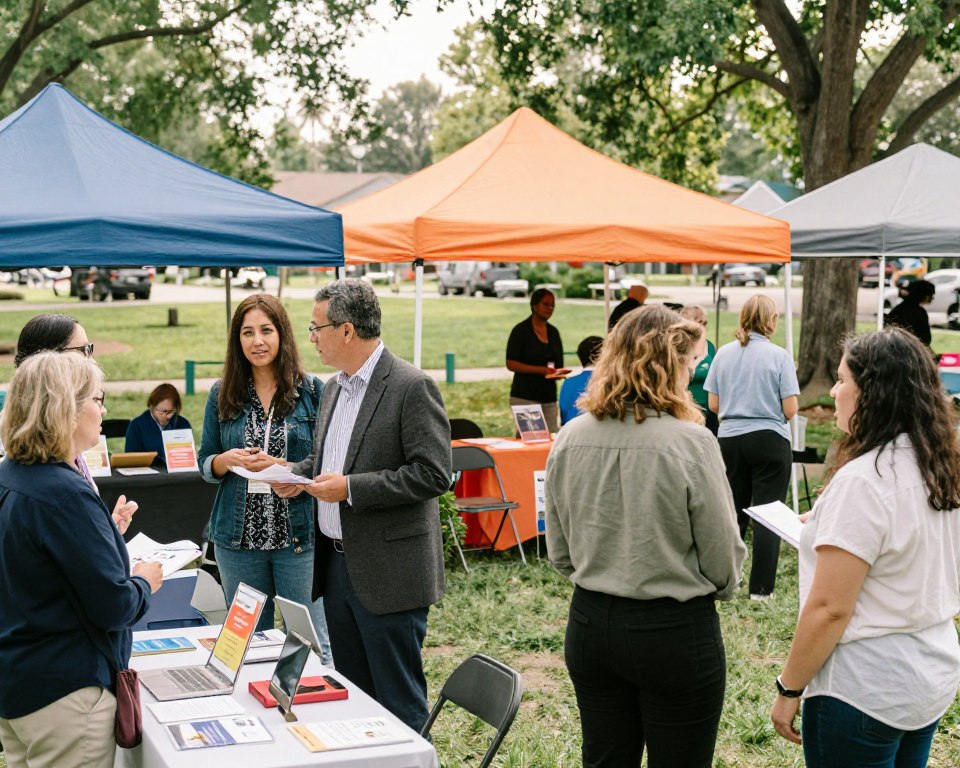 A warm and inviting scene depicting a Presbyterian outreach event in a community park. In the foreground, a diverse group of individuals, including men and women in professional business attire and modest casual clothing, enthusiastically engage in various activities like setting up a booth, sharing literature, and conversing with visitors. In the middle ground, colorful tents and tables display brochures and informational materials about community services. The background features lush greenery and trees, with sunlight filtering through, creating a serene and welcoming atmosphere. Use soft, diffused natural lighting to enhance the sense of community and connection. The angle should be slightly elevated, capturing the energetic interaction, conveying a mood of hope, togetherness, and active engagement in outreach.