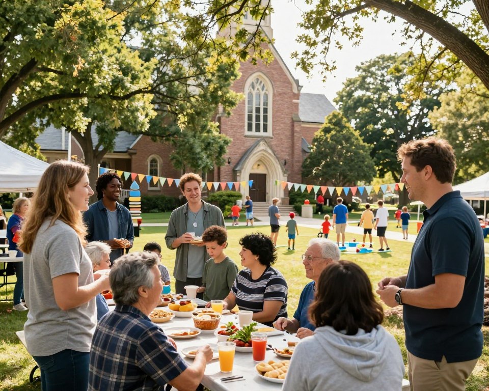 A warm and inviting scene depicting a community outreach event at Trinity Presbyterian Church. In the foreground, a diverse group of smiling individuals, dressed in modest casual clothing, engage in friendly conversation and share food at a long picnic table filled with homemade dishes. The middle ground reveals a vibrant gathering space with families and children playing games, surrounded by colorful bunting and festive decorations. The background features the historic Trinity Church building, partially obscured by lush green trees, with sunlight filtering through the leaves, casting a soft glow over the event. The atmosphere exudes warmth, joy, and a sense of togetherness, capturing the spirit of fellowship and community support. The image should be shot in natural light, using a wide-angle lens to create an expansive feel.
