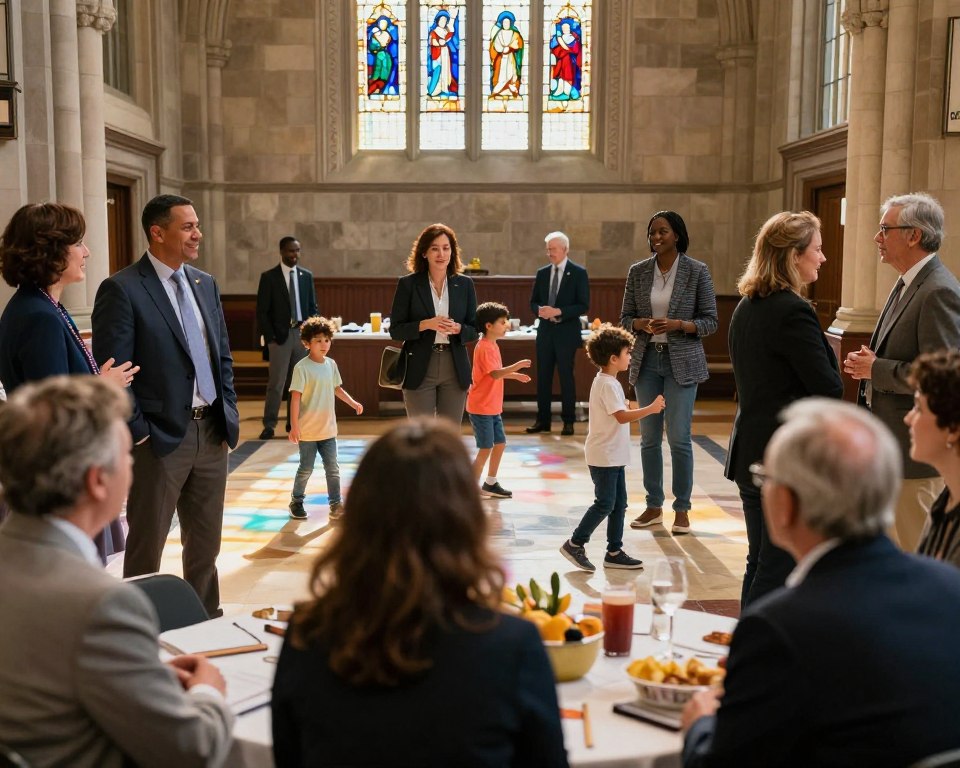 A warm and inviting scene depicting a faith community gathering in Pittsburgh. In the foreground, a diverse group of individuals, dressed in professional business attire and modest casual clothing, engage in lively conversation around a table filled with refreshments. In the middle ground, children play and interact with one another, embodying a spirit of fellowship. The background features the iconic architecture of a Presbyterian Church, with sunlight filtering through stained glass windows, casting colorful patterns on the ground. Soft, natural lighting enhances the sense of warmth and community, while a slight blur effect on the edges draws focus to the joyful interactions at the center. The overall mood is one of unity, support, and shared faith, creating an inviting atmosphere that embodies fellowship and social connection.