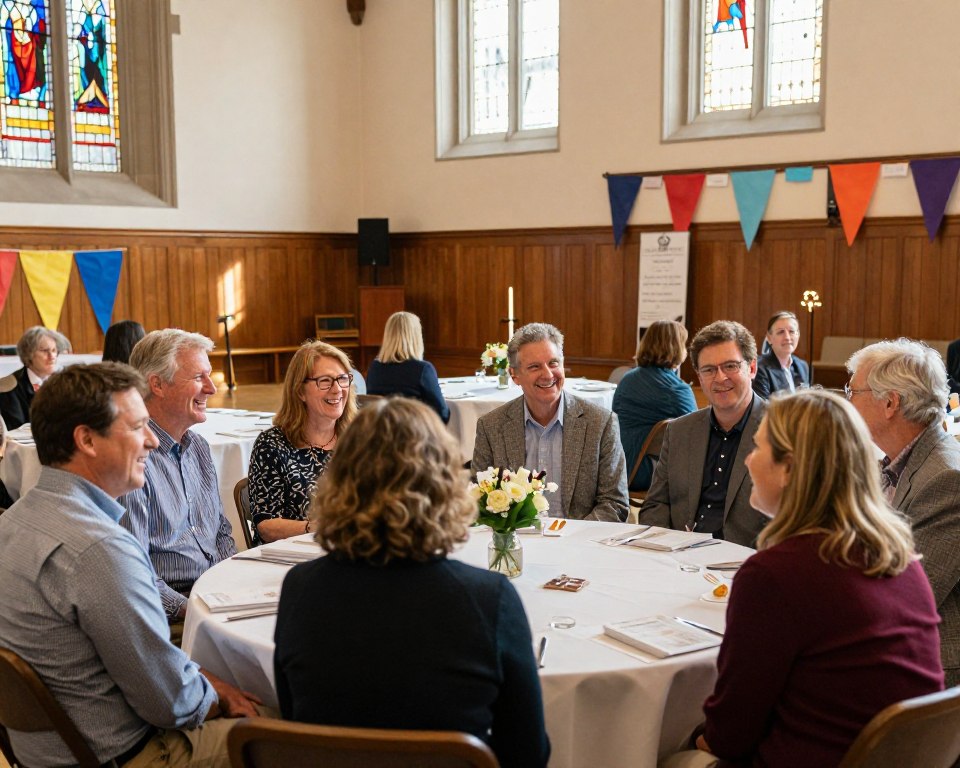 A warm and inviting scene depicting a fellowship gathering at Traverse City Presbyterian Church. In the foreground, happy families and individuals dressed in smart casual attire engage in conversation, sharing smiles and laughter. The middle ground consists of a beautifully decorated community hall, with elegantly arranged tables adorned with simple floral centerpieces, comfortable seating, and cheerful banners. In the background, the church's architectural details can be seen, featuring classic stained glass windows that cast colorful patterns of light. Natural sunlight streams through the windows, creating a warm and welcoming atmosphere, while soft shadows add depth to the scene. The overall mood is one of community, joy, and connection, reflecting a sense of belonging and togetherness among attendees.