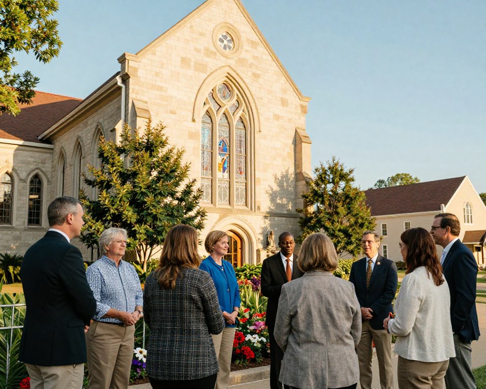 A warm and inviting scene depicting the United Methodist Church in Georgetown, showcasing its architectural beauty and welcoming atmosphere. In the foreground, a diverse group of families and individuals in professional business attire and modest casual clothing are engaged in conversation, symbolizing connections with other United Methodist churches. The middle ground features the church building with classic stained glass windows, surrounded by lush greenery and vibrant flowers, under a clear blue sky. In the background, hints of other Methodist churches can be seen, representing community ties. The sunlight bathes the scene in a soft, golden hue, creating a sense of warmth and unity. The angle is slightly elevated, capturing the essence of fellowship and spiritual connection among congregants.
