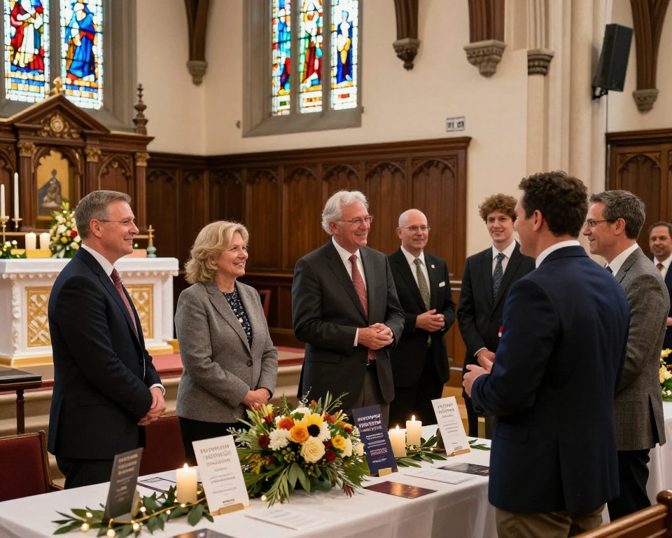 A warm and inviting scene inside a Presbyterian church in Manhattan, showcasing a vibrant special event. In the foreground, a diverse group of men and women in professional business attire engage in conversation, smiling and exchanging greetings. The middle ground features beautifully decorated tables with seasonal floral arrangements, candles, and pamphlets on upcoming events. In the background, stained glass windows filter soft, colorful light, illuminating the serene interior. The architecture shows elegant wooden beams and an ornate altar, creating a sense of history and community. The atmosphere is joyful and welcoming, reflecting the spirit of togetherness and celebration. Capture this scene with soft, natural lighting and a slightly elevated angle to convey depth and warmth in the ambiance.
