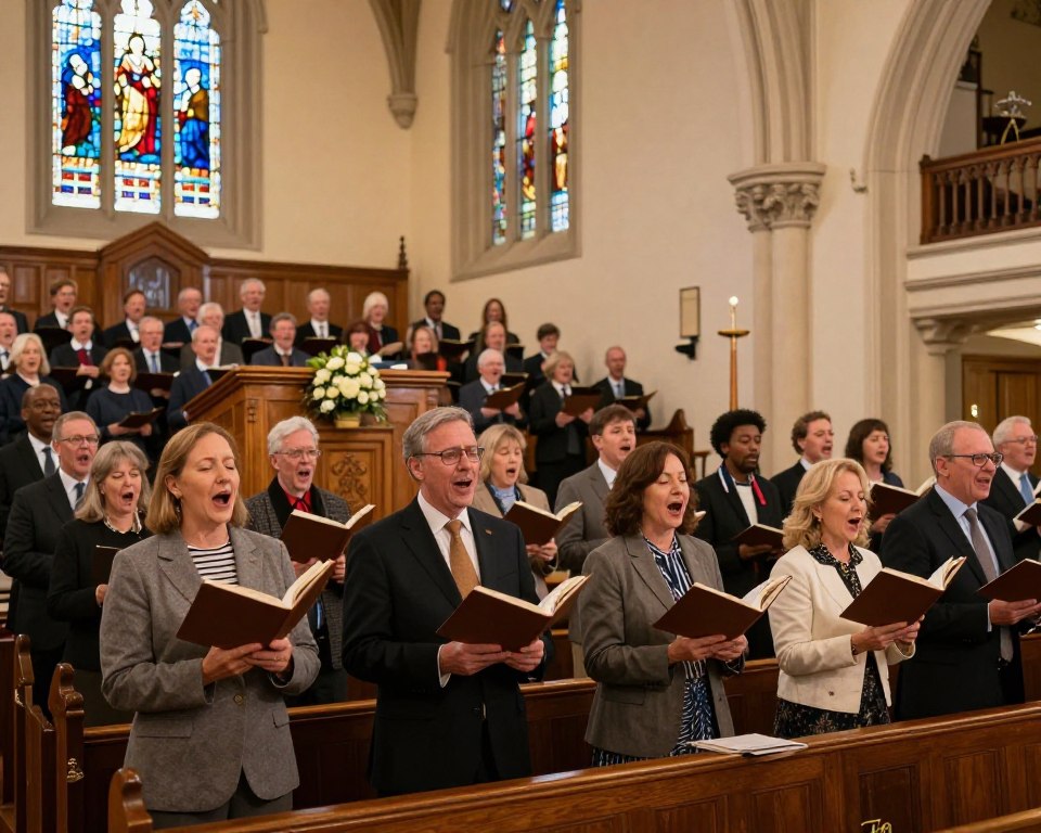 A warm and inviting scene of a Presbyterian church during a congregational singing event. In the foreground, diverse men and women dressed in professional business attire and modest casual clothing stand together, joyfully singing with uplifted hymnals, their expressions reflecting a deep sense of community and reverence. In the middle, reveal a wooden pulpit adorned with a simple floral arrangement, and a choir of church members harmonizing in the background. The interior of the church features stained glass windows casting colorful light across the congregation, enhancing the spiritual atmosphere. Soft, warm lighting suffuses the space, creating a serene ambiance. Shot with a wide-angle lens to capture the grandeur of the church architecture and the collective spirit of worship. The mood is uplifting, celebrating the role of music in bringing people together in faith.