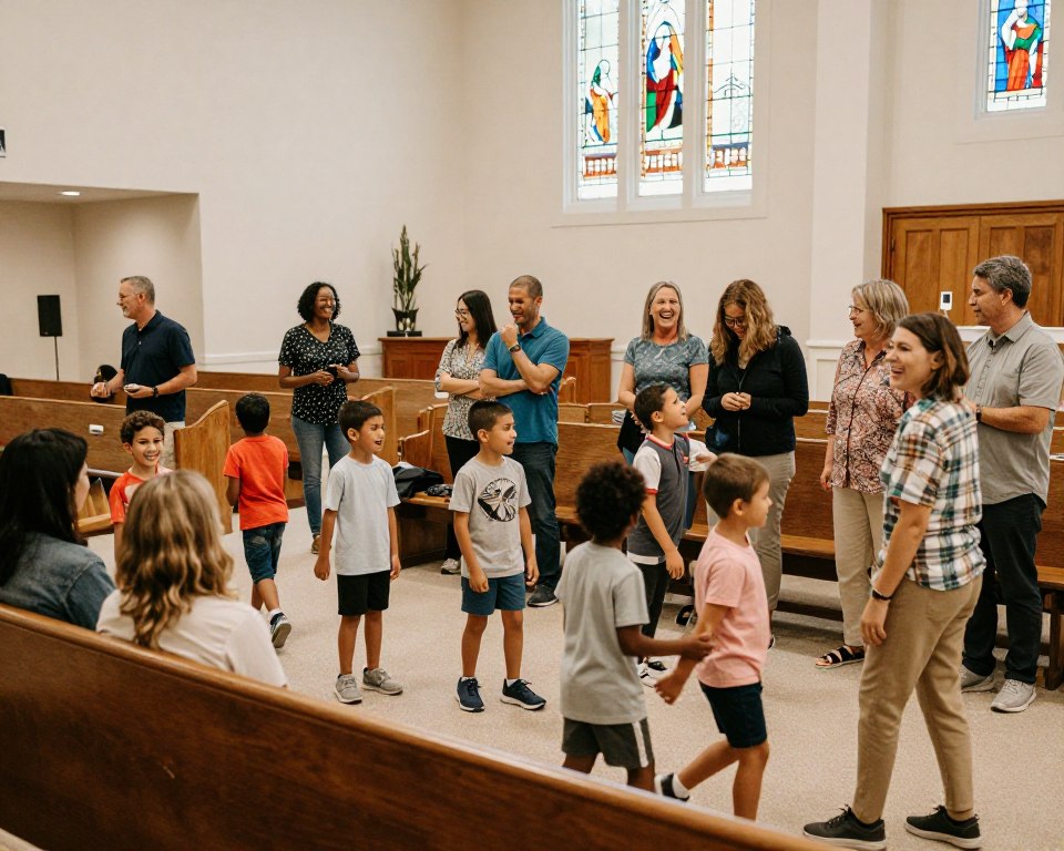 A warm and inviting scene of a church gathering, focusing on a diverse group of families and youth interacting joyfully inside a modern United Methodist Church. In the foreground, children are playing together while adults engage in conversation, all dressed in modest casual attire. The middle ground features a beautifully decorated community space with soft, natural lighting filtering through large stained glass windows. The background includes rows of pews and a serene altar, creating a sense of peace and togetherness. The atmosphere is lively yet respectful, filled with laughter and warmth, capturing the essence of family and youth services within a church setting. Use a soft focus lens to enhance the warmth, with an angle that invites viewers into the scene, celebrating community and connection.