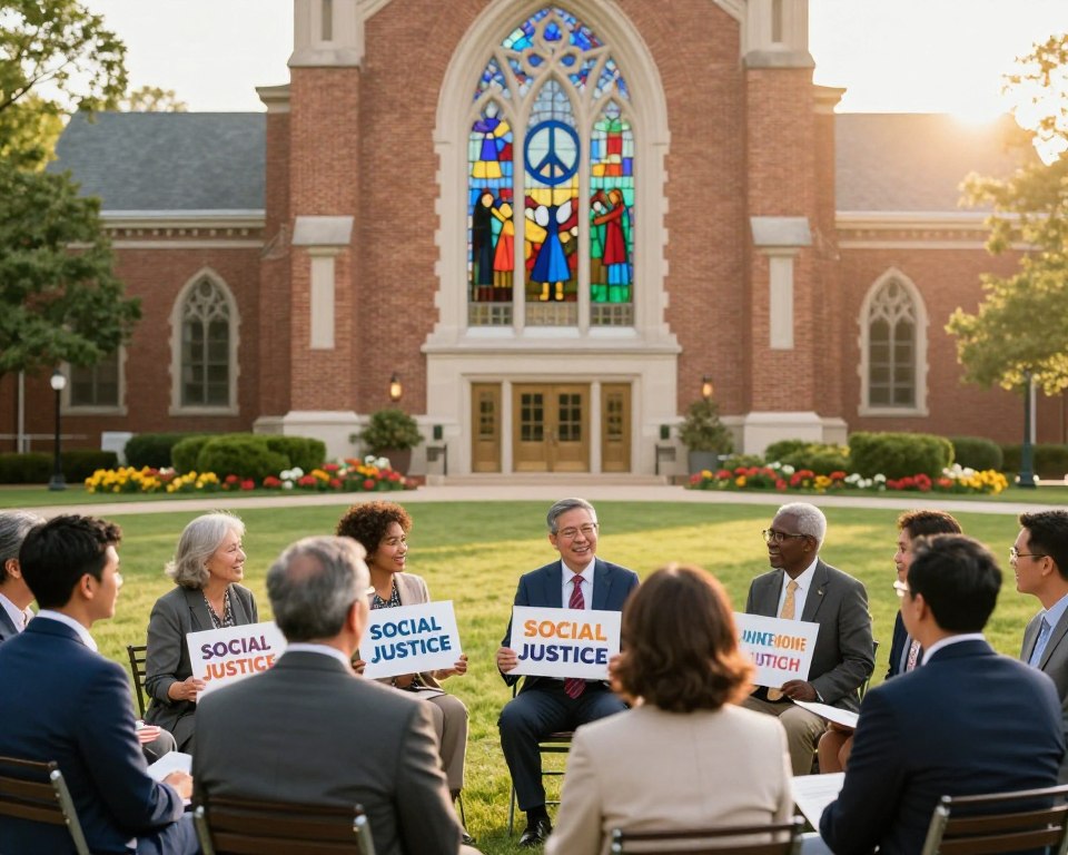 A warm, inviting United Methodist Church building in Georgia, showcasing elements of social justice and community advocacy. In the foreground, a diverse group of individuals, including men and women in professional business attire, engaged in a discussion about social issues, holding signs advocating for equality and justice. In the middle ground, the church's stained glass windows reflecting symbols of peace and community engagement. The background features an expansive, green lawn with blooming flowers, symbolizing growth and hope. Soft, natural lighting enhances the scene, with a slight lens flare effect from the warm afternoon sun. The overall mood is uplifting and harmonious, emphasizing unity and advocacy for social justice within the church community.