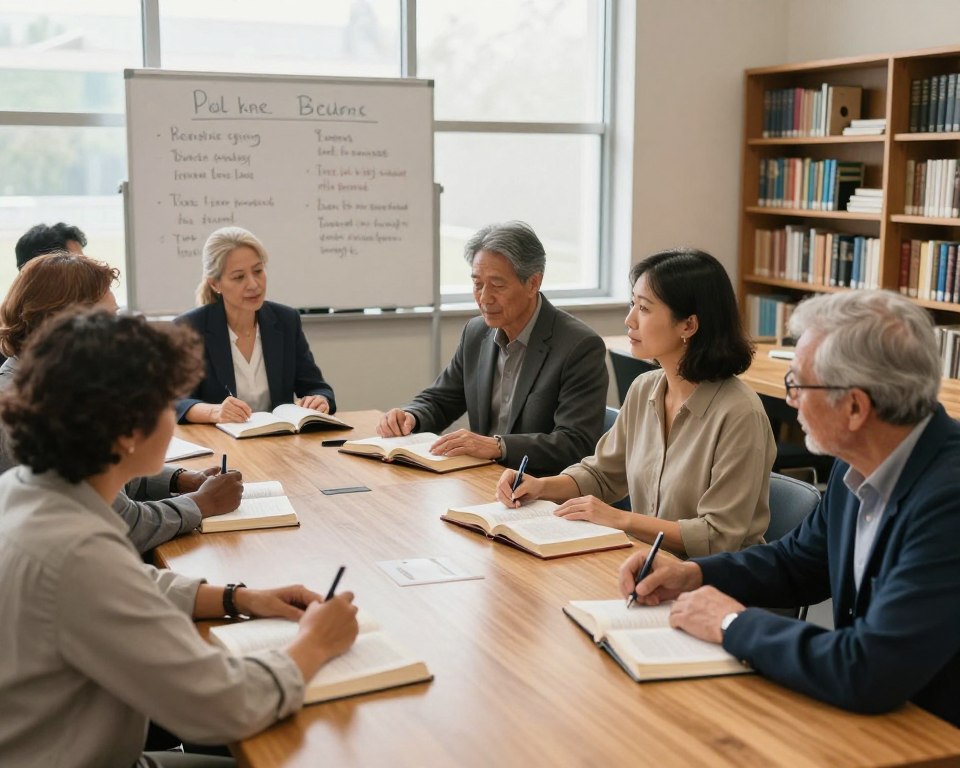 A warm, inviting classroom setting filled with attentive adults engaged in a Bible study session. In the foreground, a diverse group of individuals, dressed in professional or modest casual clothing, are seated around a large wooden table covered with open Bibles, notebooks, and pens, showing active participation and discussion. In the middle ground, a whiteboard displays key discussion points and inspiring quotes. The background features large windows letting in soft, natural light that creates an uplifting and focused atmosphere. A bookshelf filled with religious texts and educational materials lines one wall, contributing to an academic yet welcoming vibe. The scene captures the spirit of lifelong learning and community in a church environment, emphasizing a sense of fellowship and growth.