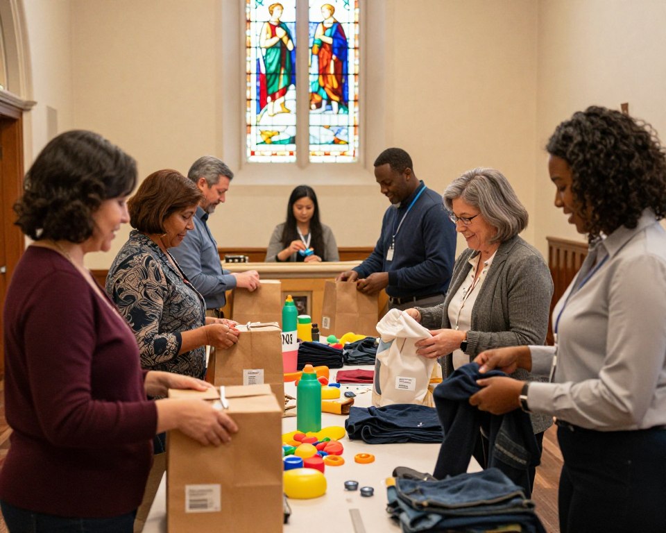 A warm, inviting scene depicting a Presbyterian community service in a cozy church setting. In the foreground, a diverse group of individuals – men and women of varying ages, dressed in professional business attire and modest casual clothing – are engaged in acts of kindness, such as preparing food packages and organizing clothing donations. In the middle ground, a table adorned with colorful supplies and cheerful decorations, symbolizing fellowship and support. In the background, stained glass windows cast soft, multicolored light onto the scene, creating a serene atmosphere. The lighting is soft and warm, capturing the essence of community and faith. Use a wide-angle lens to emphasize the sense of togetherness, with a focus on the smiles and interactions among the participants, conveying a spirit of collaboration and compassion.