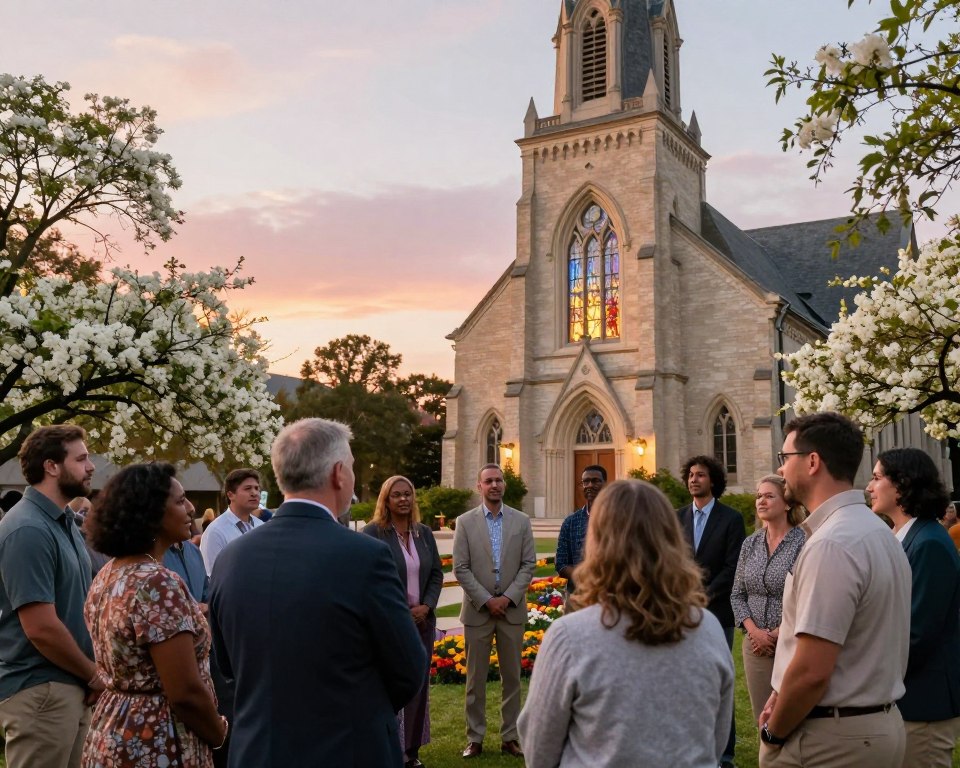 A warm, inviting scene depicting a diverse faith community gathering in a lush outdoor setting, surrounded by blooming trees and colorful flowers. In the foreground, a group of men and women of various ethnicities are engaged in conversation, dressed in modest, professional clothing. The middle ground features a beautifully ornate church building, its light-colored bricks and stained glass windows reflecting a soft golden light. The background gives way to a serene sky dyed with pastel hues of sunset, casting a warm glow across the scene. The atmosphere is friendly and welcoming, illustrating a strong sense of fellowship and connection among the community members. Use a wide-angle lens to capture the expansive scene with soft focus on the surroundings, emphasizing the sense of unity and warmth.