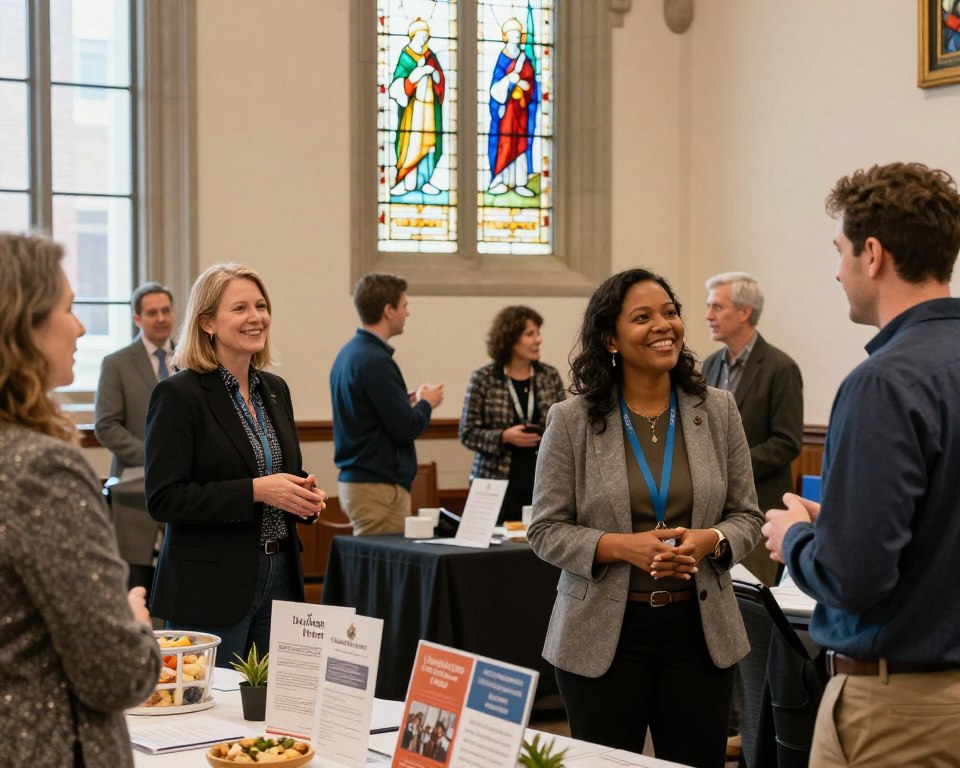 A warm, inviting scene inside a Minneapolis Presbyterian Church during a new member information event. In the foreground, a diverse group of attendees dressed in professional business attire and modest casual clothing engaged in friendly conversation, smiling and exchanging welcoming gestures. In the middle ground, a table adorned with refreshments and informational brochures, emphasizing the church’s commitment to community. The background features beautiful stained glass windows filtering in soft, colorful light, enhancing the inviting atmosphere. Natural light pours in from large windows, capturing the warmth of the setting. The overall mood is friendly and inclusive, creating a sense of belonging and connection for newcomers. The perspective is from an eye-level angle to immerse viewers in the gathering, showcasing the church’s welcoming spirit.