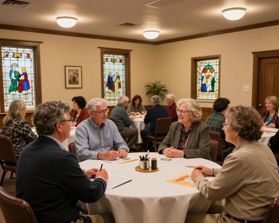 A warm, inviting scene inside a cozy church community room, showcasing a diverse group of adults engaged in fellowship activities. In the foreground, three adults sitting at a round table, engaged in animated conversation, wearing professional business attire and modest, casual clothing. In the middle ground, there are small groups participating in various activities, like a book discussion and a craft project, with a warm color palette illuminating the room. The background features elegant stained glass windows casting colorful light, enhancing the welcoming atmosphere. Soft, diffused lighting from ceiling fixtures creates a comforting ambiance, and the angle captures an inviting view of the entire room, reflecting community and connection in a Presbyterian church setting.