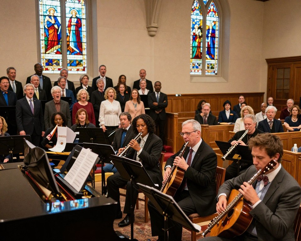 A warm, inviting scene inside the Toms River Presbyterian Church, focusing on the Music Ministry in action. In the foreground, a diverse group of musicians, dressed in professional attire, passionately playing various instruments, including a piano, guitars, and a flute. Their expressions convey joy and dedication. In the middle ground, a small choir elegantly sings, their harmonies filling the space, surrounded by beautiful stained glass windows that reflect colorful light throughout the room. The background features wooden pews filled with attentive congregants, contributing to a sense of community. Soft, warm lighting enhances the atmosphere, and the lens captures the scene from a slightly elevated angle, emphasizing the connection between musicians and the audience. The overall mood is celebratory and uplifting, evoking a sense of spiritual joy through music.