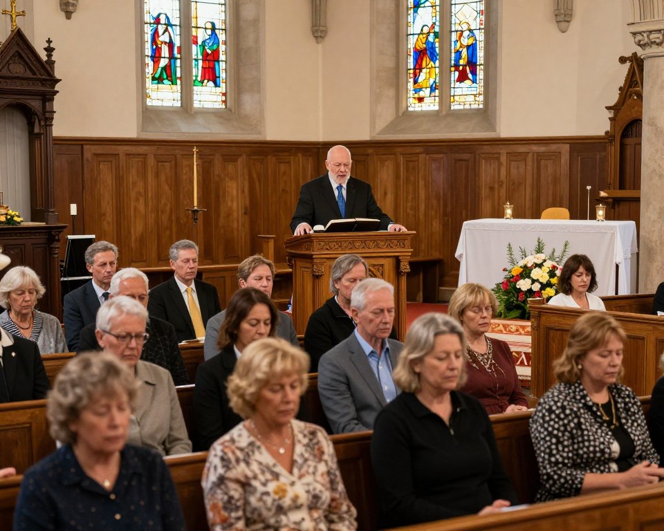 A warm, inviting scene of a Presbyterian worship service in a beautiful, traditional church. In the foreground, diverse worshippers of various ages, dressed in professional business attire and modest casual clothing, are engaged in hymn singing. The middle features a minister standing behind an ornate wooden pulpit, passionately delivering a sermon, with an open Bible in front. The congregation is reverently listening, some with their eyes closed in prayer. In the background, stained glass windows filter soft, colorful light into the space, illuminating wooden pews and a tranquil altar adorned with flowers. The overall mood is serene and uplifting, capturing a sense of community and connection through faith. The angle should be slightly elevated to encompass both the minister and the congregants, showcasing the unity of the worship experience.