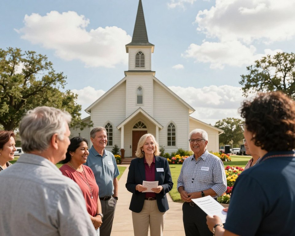 A warm, inviting scene of a Texas Methodist church volunteer outdoors, engaging with community members. In the foreground, a diverse group of volunteers, dressed in professional, modest attire, happily interacts, with one individual handing out pamphlets about church activities. The middle ground features a charming, rustic Texas Methodist church with a steeple, surrounded by greenery and colorful flowers, indicating the vibrancy of the community. The background showcases a bright blue sky with soft, fluffy clouds, reflecting a sunny day. The lighting is soft and warm, emphasizing a welcoming atmosphere. Capture this scene with a slightly elevated angle to convey depth and connection among the volunteers and the church, evoking feelings of unity and community service.