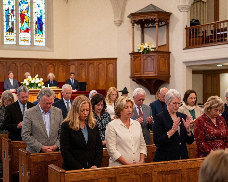 A warmly lit interior of Jacksonville Presbyterian Church during a worship service. In the foreground, a diverse group of congregants, including families and individuals of various ages, dressed in professional business attire and modest casual clothing, engaged in prayer and singing. The middle ground features a beautifully decorated sanctuary with stained glass windows casting colorful light onto the wooden pews, a large wooden pulpit adorned with floral arrangements, and a supportive community atmosphere. In the background, subtle details like an organ and choir members enhance the scene. The overall mood is uplifting and serene, inviting viewers to feel a sense of faith and community. Use soft, natural lighting with a slight bokeh effect to focus on the worshippers, captured with a wide-angle lens for depth.