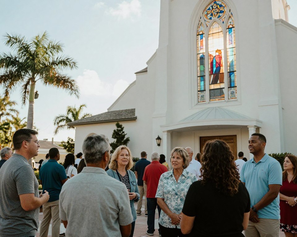 A welcoming Presbyterian Church in Bonita Springs, Florida, capturing a serene and inviting atmosphere. In the foreground, a diverse group of congregants, dressed in modest casual clothing, engaged in lively conversation, reflecting warmth and community spirit. The middle layer showcases the church's beautiful architecture, with stained glass windows allowing soft, colorful light to fill the space. In the background, palm trees swaying gently in the breeze against a bright, blue sky, adding to the peaceful ambiance. The lighting is soft and natural, suggesting a late morning setting, with sunlight spilling through the windows to create a hopeful and uplifting mood. The angle is slightly elevated, emphasizing the connection between the congregation and their environment.