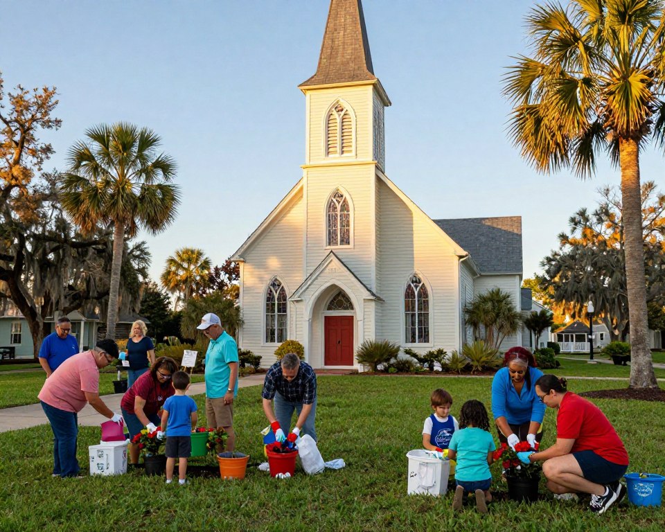 A welcoming Presbyterian Church in St. Augustine, Florida, situated in a lush green park setting. In the foreground, a small group of diverse adults and children engage in various community outreach activities, such as planting flowers and distributing food items. The middle layer features the church's distinctive architecture, showcasing a classic wooden facade and stained-glass windows, bathed in warm golden sunlight. In the background, tall palm trees sway gently, and a clear blue sky enhances the serene atmosphere. The scene captures a sense of community, compassion, and fellowship, emphasizing the spirit of outreach. The lighting is soft and inviting, creating a warm, optimistic mood, with a focus on warmth and connection among the participants.